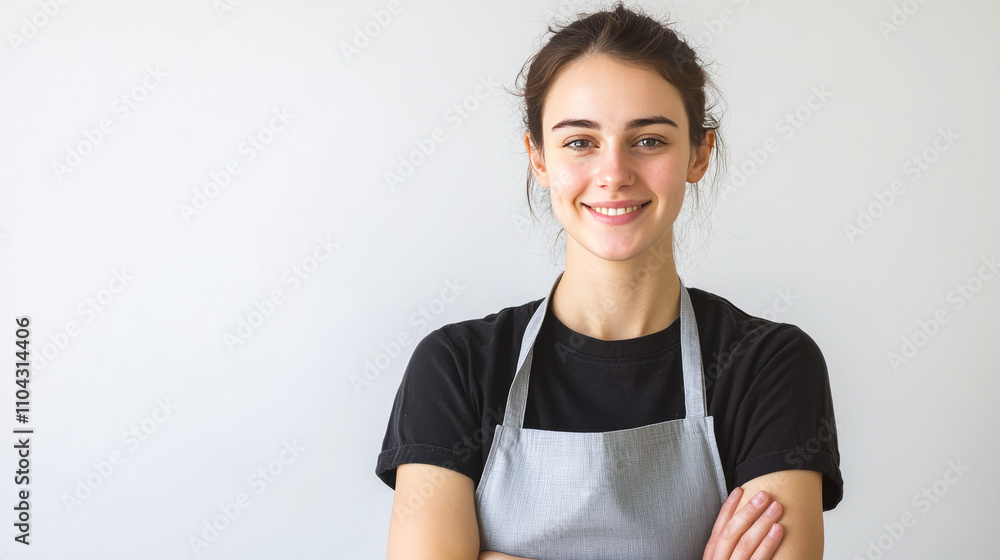 Young caucasian female smiling in apron against neutral background Young caucasian female smiling in apron against neutral background