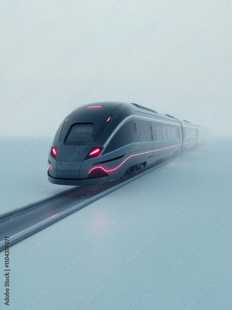 Fototapeta premium Magnetic levitation train with aerodynamic fins and LED lights, futuristic locomotive, high-tech train