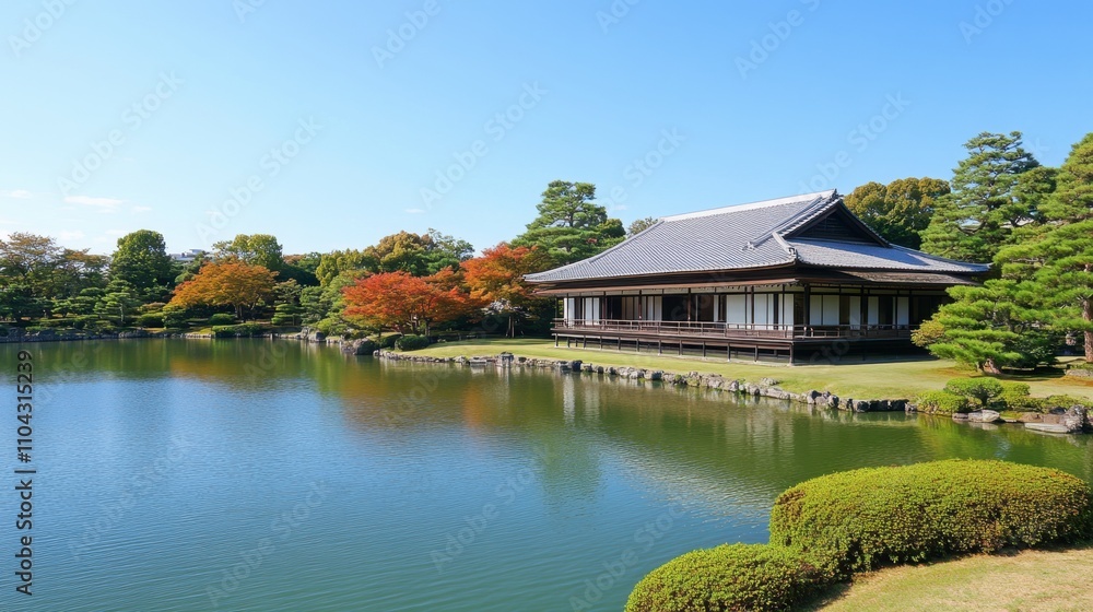 Tranquil Japanese Garden with Traditional House by Serene Pond Tranquil Japanese Garden with Traditional House by Serene Pond