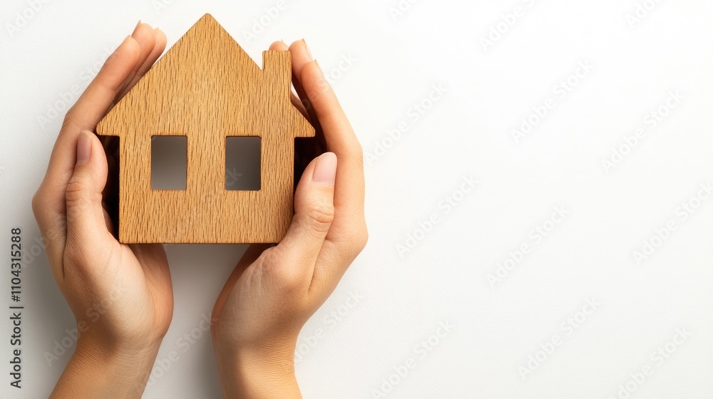 Wooden House Model Held by Hands Against Soft White Background Wooden House Model Held by Hands Against Soft White Background