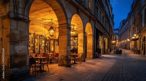 Cozy Cafe Scene on Cobblestone Street in Historic Paris at Night photo