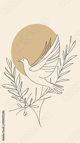 Minimalist line art dove with olive branch and modern sun motif photo