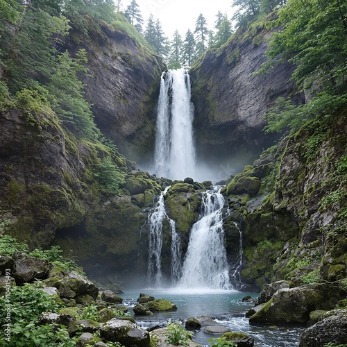 A breathtaking view of a double-tiered waterfall in a remote, untouched wilderness, environment, landscape, untouched, majestic, waterfall