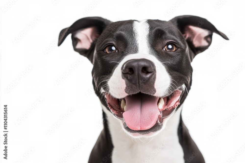 Happy black and white dog with collar in studio setting posing for camera Happy black and white dog with collar in studio setting posing for camera
