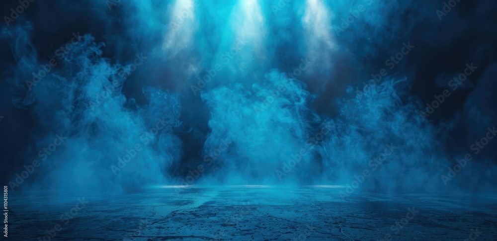 A dramatic blue fog covers a dark floor, illuminated by soft lights above, creating an atmospheric effect perfect for backgrounds in music events, theatrical performances, or fantasy-themed projects, A dramatic blue fog covers a dark floor, illuminated by soft lights above, creating an atmospheric effect perfect for backgrounds in music events, theatrical performances, or fantasy-themed projects,