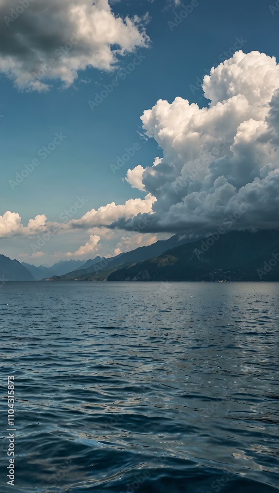 Blue ocean with clouds and mountain background. Blue ocean with clouds and mountain background.