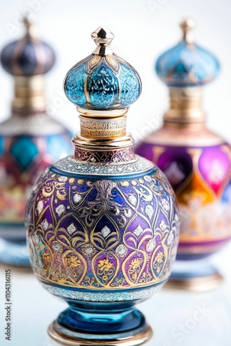 Ornate, jeweled perfume bottles, Middle Eastern style.