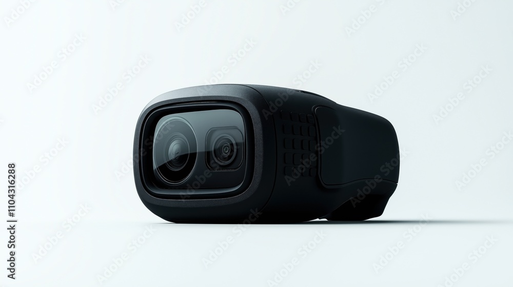 Close-up view of a sleek black dual-lens camera device with modern design on a light background Close-up view of a sleek black dual-lens camera device with modern design on a light background