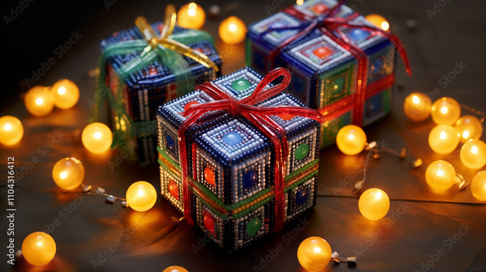Obraz premium Three colorful festive beaded gift ornaments with fairy lights. Christmas handicraft decoration.