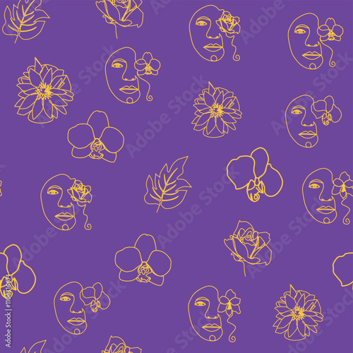 Woman face Continuous line seamless pattern. Abstract Female portrait with flowers. Drawing vector Wallpaper, fabric, wrapping paper, card, poster