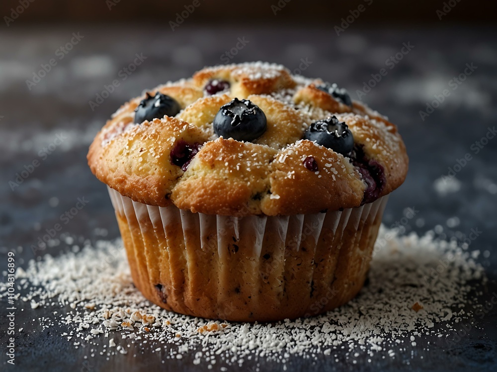 Blueberry muffin dusted with powdered sugar. Blueberry muffin dusted with powdered sugar.
