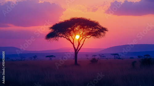 Sunset serenade: silhouette of a majestic tree on african savanna