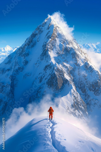 A person in an orange jacket is climbing up a snowy mountain