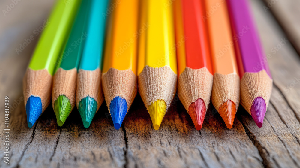 Colorful array of sharpened pencils on rustic wooden surface Colorful array of sharpened pencils on rustic wooden surface