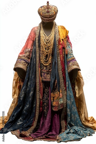 Ornate, multicolored robe; jeweled crown; gold necklaces.