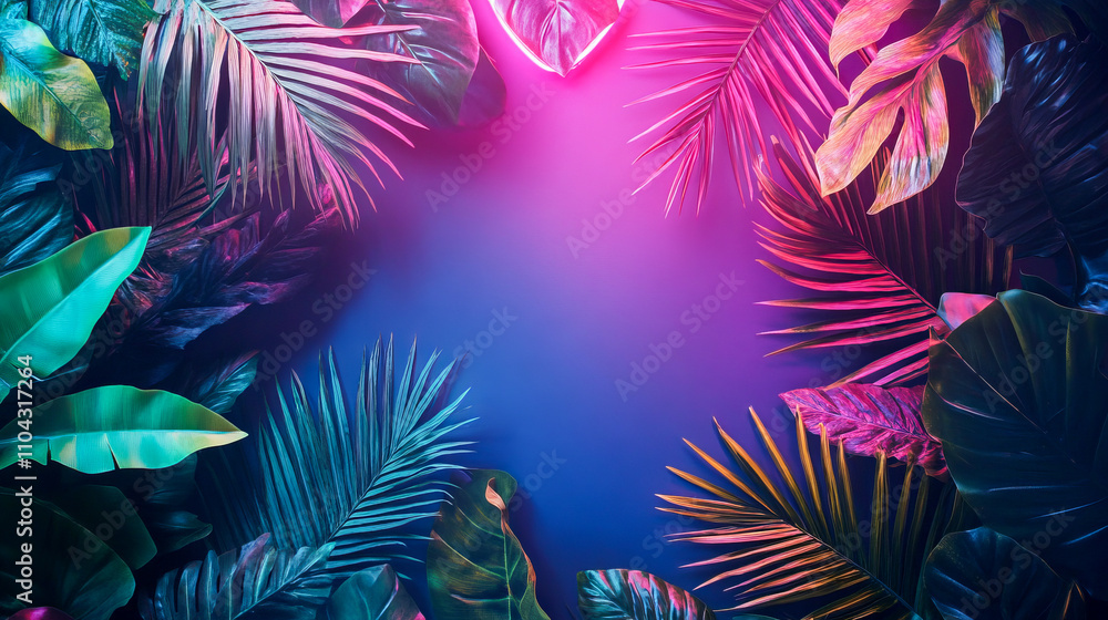Vibrant neon tropical leaves framing a blue background Vibrant neon tropical leaves framing a blue background