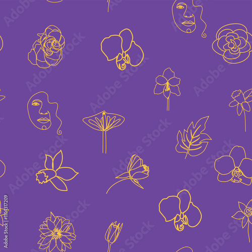Woman face Continuous line seamless pattern. Abstract Female portrait with flowers. Drawing vector Wallpaper, fabric, wrapping paper, card, poster