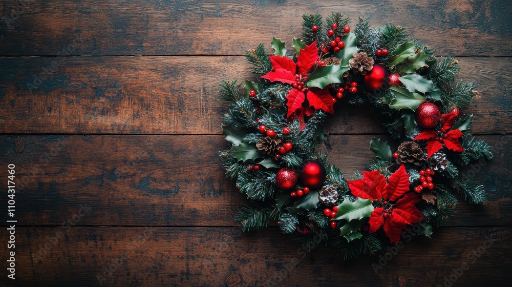 A vibrant Christmas wreath adorned with red flowers, pine cones, and festive ornaments, resting on a rustic wooden background, Perfect for holiday decoration, invitations A vibrant Christmas wreath adorned with red flowers, pine cones, and festive ornaments, resting on a rustic wooden background, Perfect for holiday decoration, invitations
