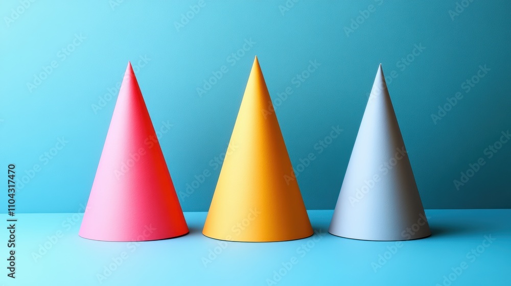 Three colorful party hats, pink, yellow, and blue, are arranged against a vibrant blue background, perfect for celebrations, invitations, or festive designs, It evokes a joyful atmosphere, Three colorful party hats, pink, yellow, and blue, are arranged against a vibrant blue background, perfect for celebrations, invitations, or festive designs, It evokes a joyful atmosphere,