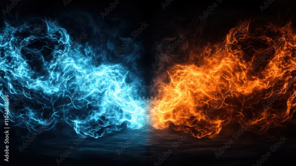 Fototapeta premium A dynamic visual representation of contrasting blue and orange fire-like elements against a dark backdrop, ideal for themes of conflict, duality, or elemental forces in art, design, and media,