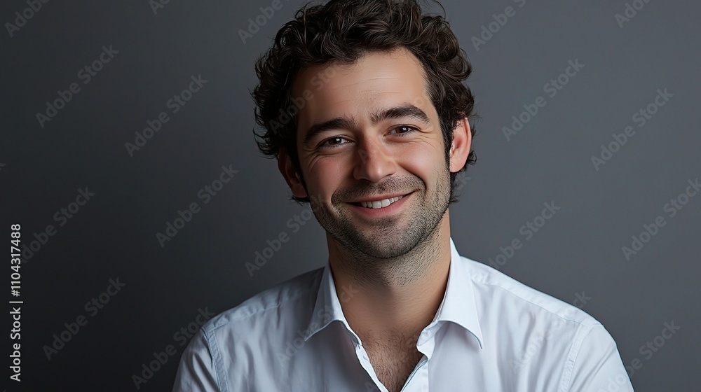 Obraz premium Happy Young Man with Curly Hair Smiling against a Gray Background