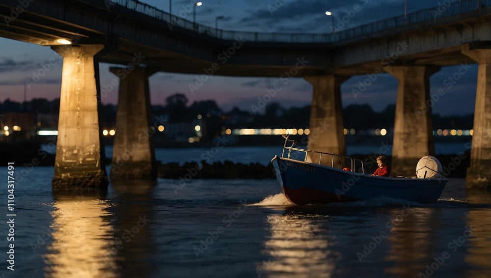 Blurred silhouette of a children's boat under a bridge at twilight. Blurred silhouette of a children's boat under a bridge at twilight.