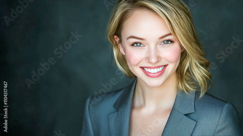 Smiling caucasian female adult with blonde hair in grey jacket