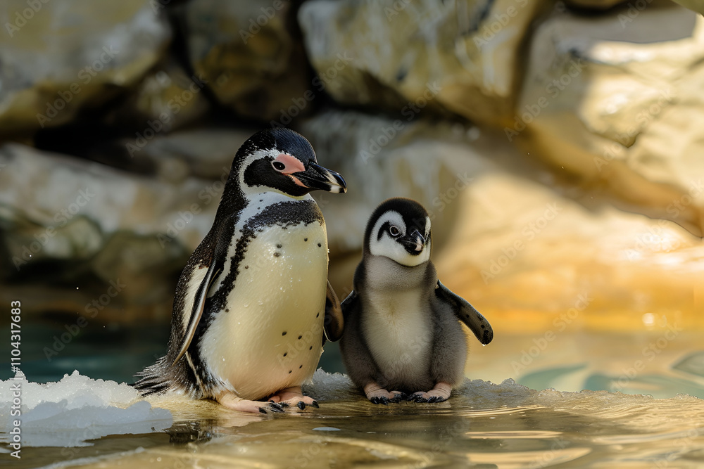 Fototapeta premium Adorable penguin pair on ice: adult and chick in natural habitat