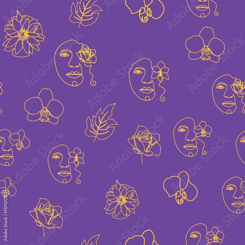 Woman face Continuous line seamless pattern. Abstract Female portrait with flowers. Drawing vector Wallpaper, fabric, wrapping paper, card, poster