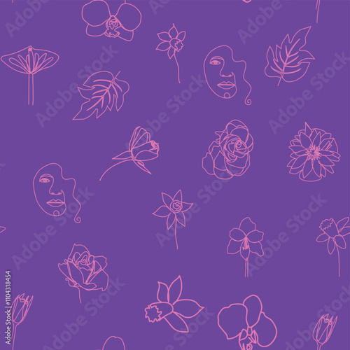 Woman face Continuous line seamless pattern. Abstract Female portrait with flowers. Drawing vector Wallpaper, fabric, wrapping paper, card, poster