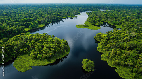 Description of Aerial View of Dense Jungle with Winding River From this stunning aerial view captures the intricate beauty of a lush, dense jungle separated by a dark, winding river.