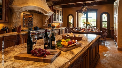 Luxurious kitchen with granite countertop, wine bottles, fruit,