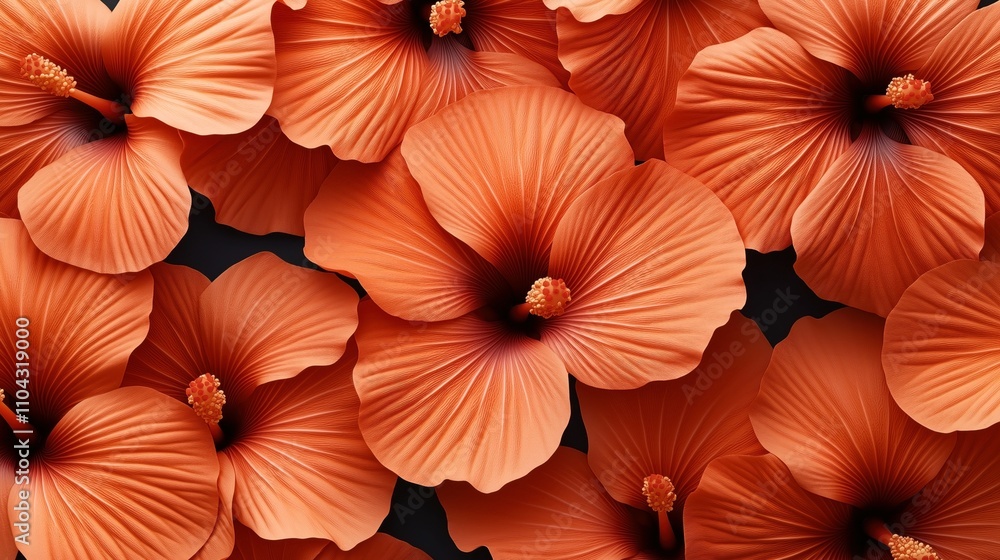 Obraz premium Close-up view of multiple vibrant orange hibiscus flowers with detailed petals and prominent stamen, overlapping on a dark background, showcasing natural beauty.