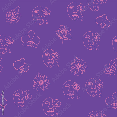Woman face Continuous line seamless pattern. Abstract Female portrait with flowers. Drawing vector Wallpaper, fabric, wrapping paper, card, poster