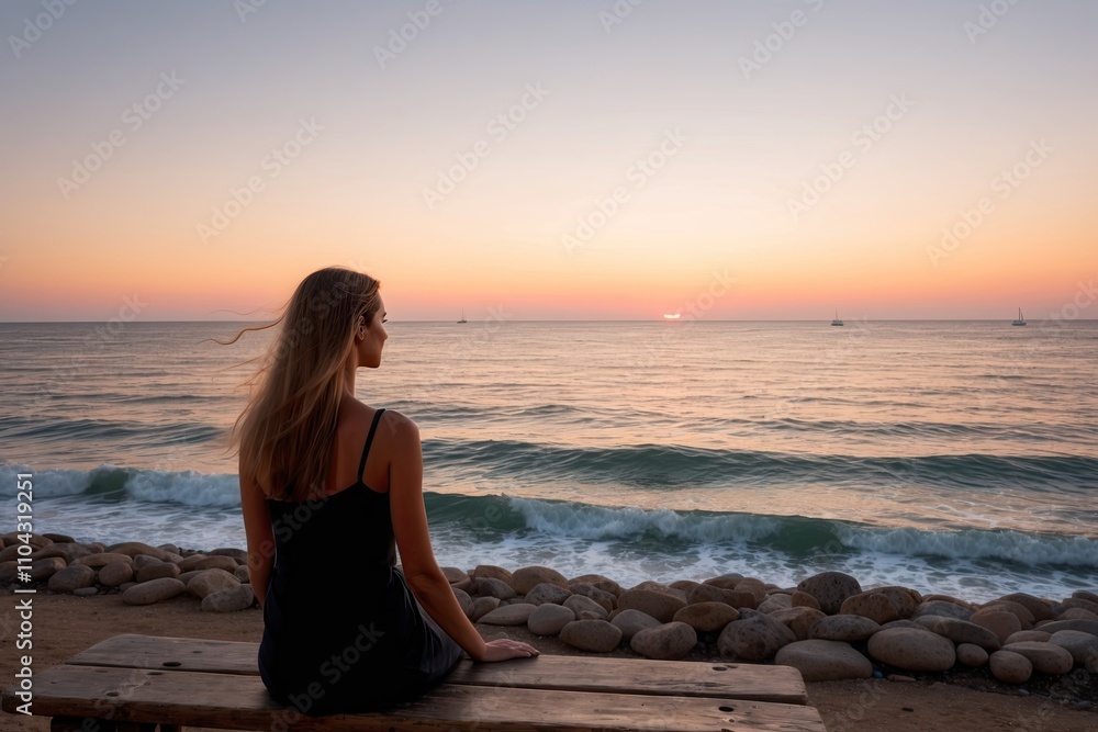 Back view of a young woman sitting on a beach watching a beautiful sunset Back view of a young woman sitting on a beach watching a beautiful sunset
