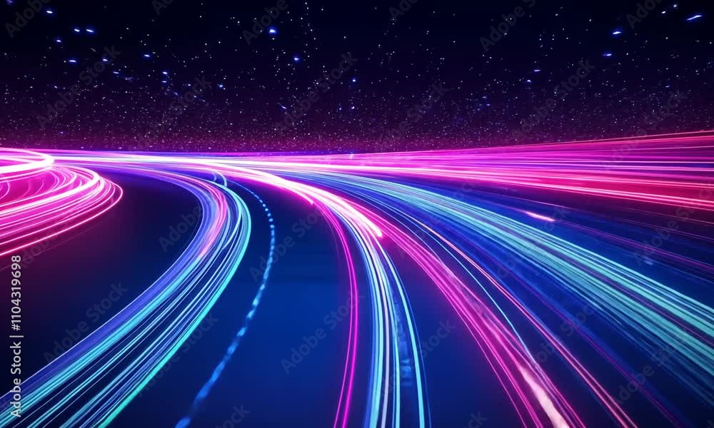 Neon Light Trails Across Futuristic Digital Highways Under Starry Sky Neon Light Trails Across Futuristic Digital Highways Under Starry Sky
