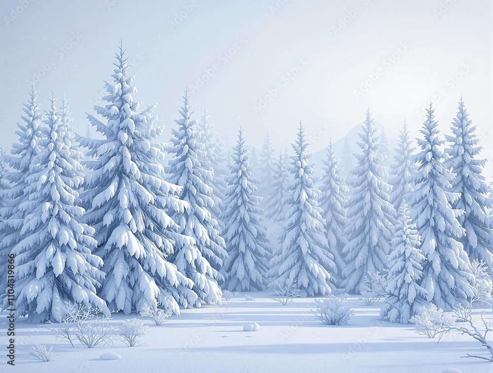 Naklejka premium Snow-covered evergreen trees stand tall and still in a peaceful winter forest, evergreen trees, woodland