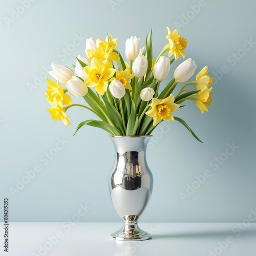 Wallpaper Mural Classic white tulip and daffodil centerpiece in a silver vase, bright, reflection Torontodigital.ca