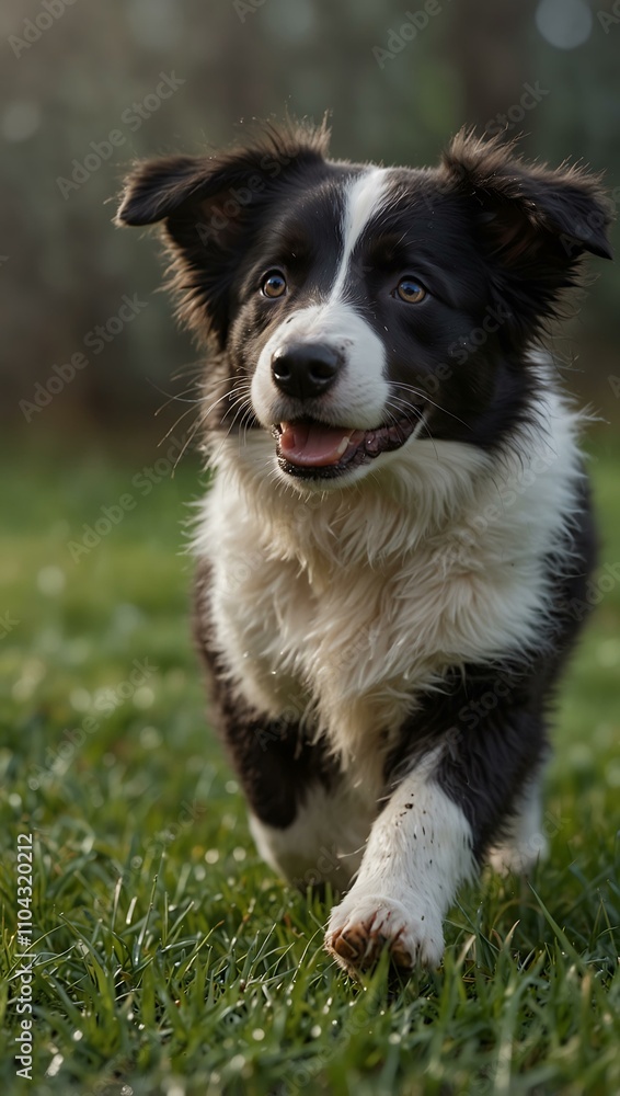 Border collie puppy walking through dew-covered grass. Border collie puppy walking through dew-covered grass.