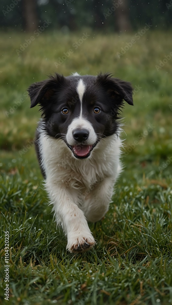 Fototapeta premium Border collie puppy walking through dew-covered grass.