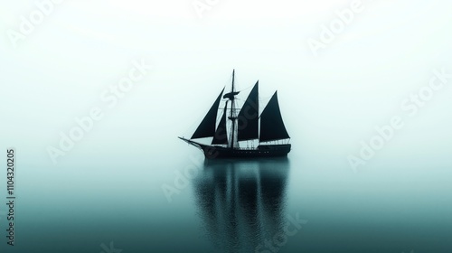Silhouetted sailing ship with tall masts and sails against a misty seascape background, creating a tranquil and mysterious atmosphere on calm waters.