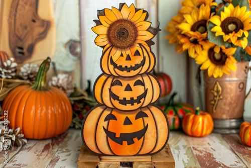 Festive sunflower and pumpkin jack-o'-lantern display for autumn decor photo