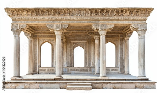Ornate stone pavilion  columns  arched windows.