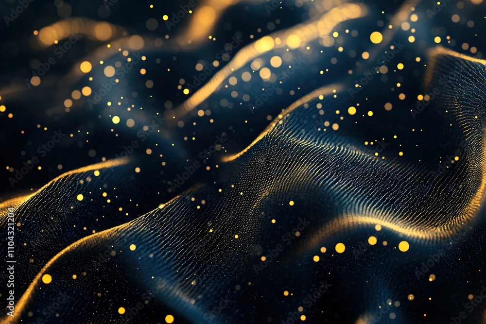 Abstract wavy surface made of glowing golden dots and grid patterns on a dark background, creating a futuristic and dynamic aesthetic Abstract wavy surface made of glowing golden dots and grid patterns on a dark background, creating a futuristic and dynamic aesthetic