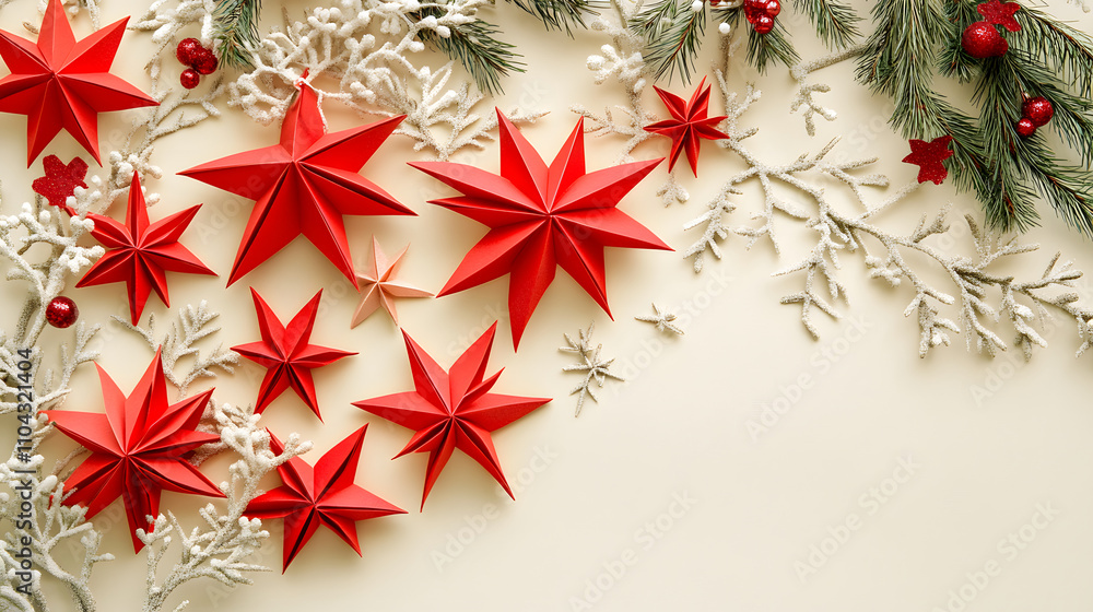 An arrangement of red paper stars alongside green pine branches and white foliage for Christmas decor. An arrangement of red paper stars alongside green pine branches and white foliage for Christmas decor.