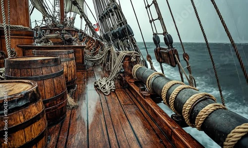 Historic Wooden Ship Sailing on Rough Sea with Ropes, Barrels, and Wet Deck Details