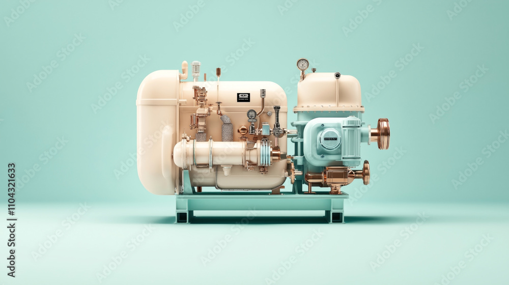 Industrial compressor machine with gauges and copper piping on a ...