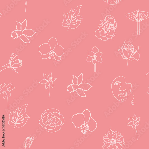 Woman face Continuous line seamless pattern. Abstract Female portrait with flowers. Drawing vector Wallpaper, fabric, wrapping paper, card, poster