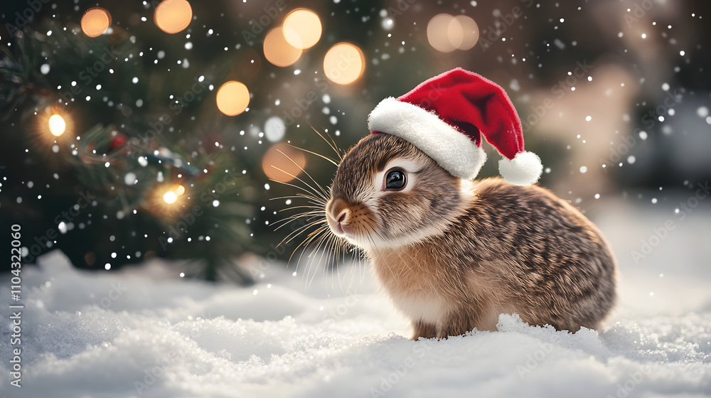A charming rabbit wearing a Christmas hat sits in the snow near a decorated tree. A charming rabbit wearing a Christmas hat sits in the snow near a decorated tree.