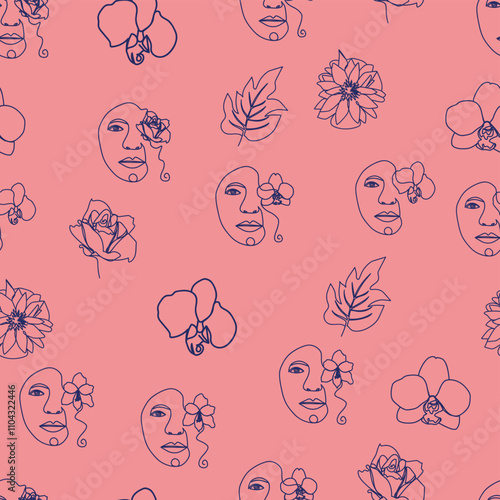 Woman face Continuous line seamless pattern. Abstract Female portrait with flowers. Drawing vector Wallpaper, fabric, wrapping paper, card, poster